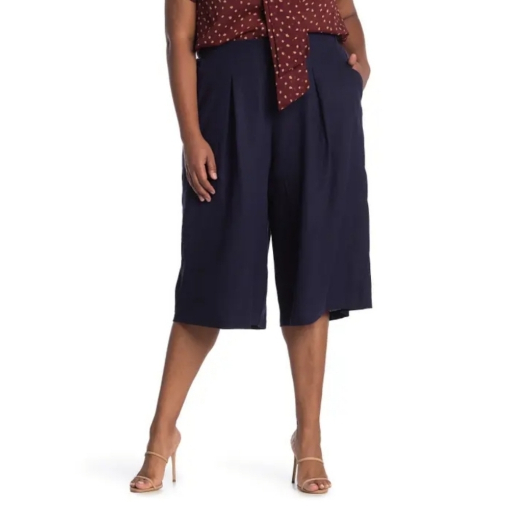 Pleione Navy‎ Blue Pleated Wide Leg Culotte Pants XL NEW